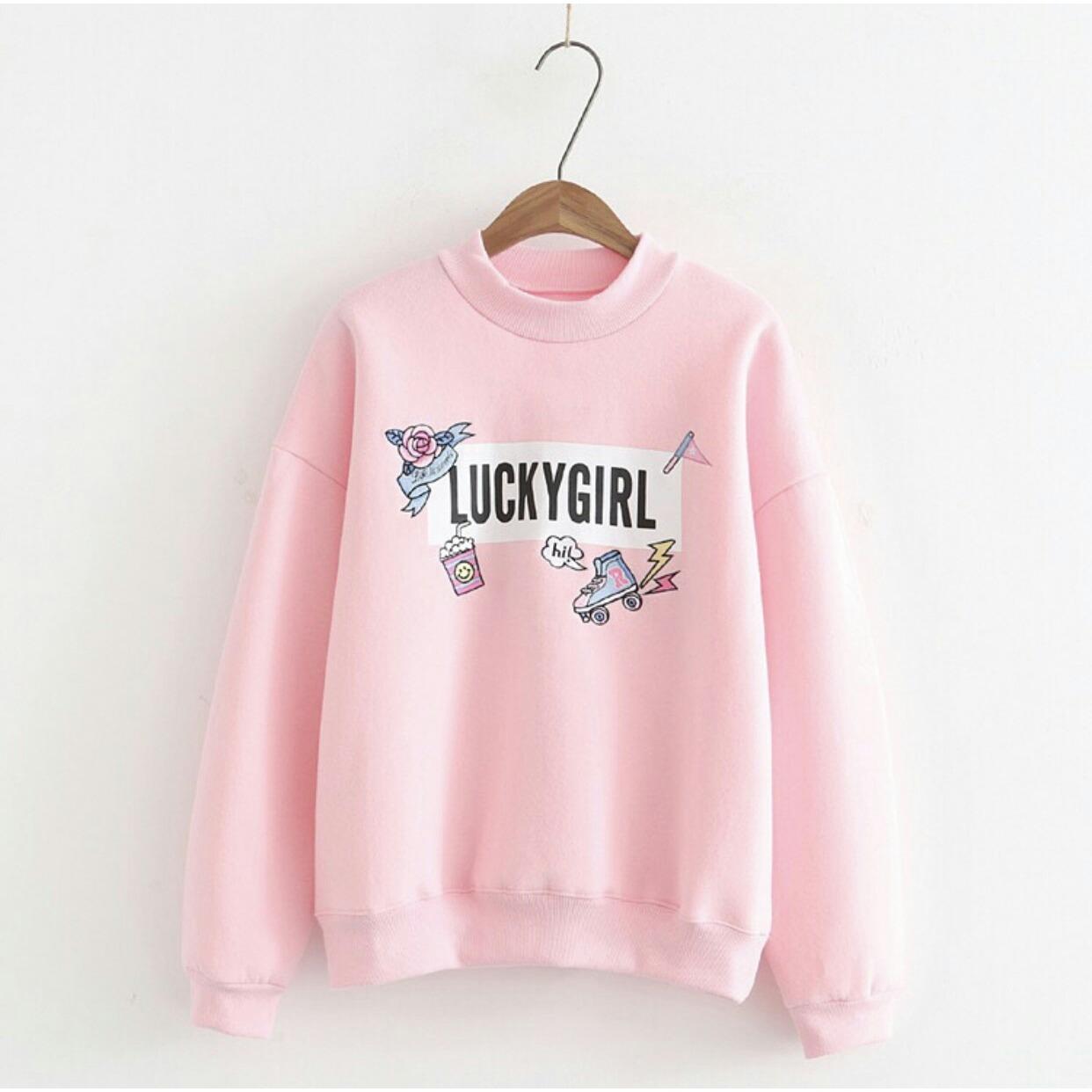 Media Fashion  Shop - Sweater Wanita – Sweater Cewek- Sweater Lucu -  Sweater Lucky Girl – Baju Sweater Wanita Terbaru - Motif Karakter LuckyGirl  -  Keren,Bagus,Laris,Murah - Bahan Babytery – Lengan panjang,Warna Pink - Fit to XL