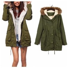 MEGA Wanita Musim Dingin Mantel Bulu Faux Berkerudung Trench Coat Jaket Parka Mantel Hijau Tentara