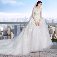 Eropa atau Amerika Putih Baru Fantasi Gaun Pengantin Gaun (Model Musim Panas Bahu Sabrina Berekor Panjang) Baju Wanita