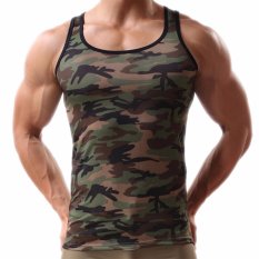 Pria Hijau Army CAMO Kamuflase Otot Gym Binaraga T-shirt Tank Top Rompi-Internasional