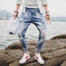 Pria Hot Fashion jeans Robek Slim Sembilan Menit dari Celana (warna: Biru Muda)-Intl