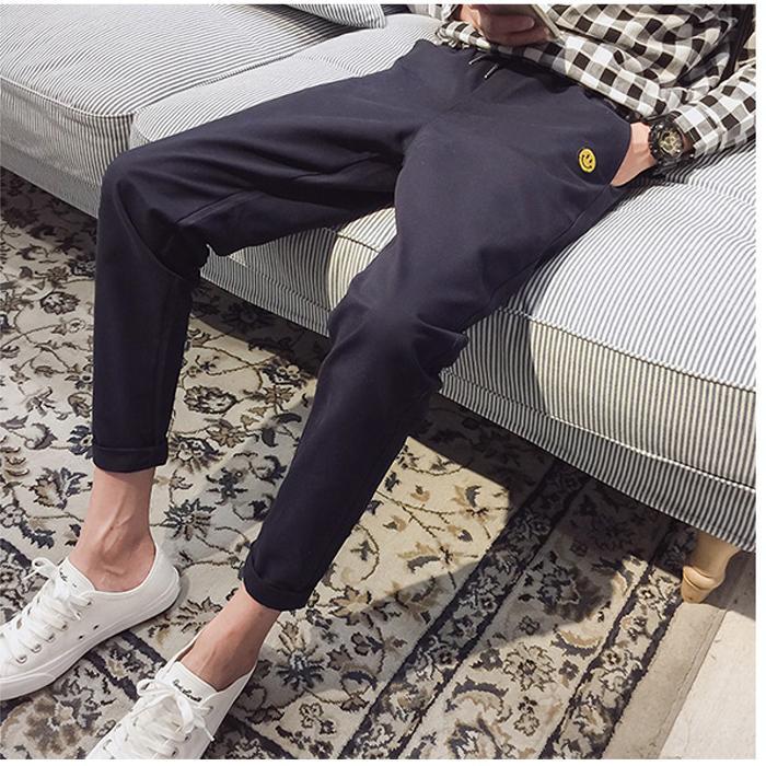 Pria Jogging Celana Smiley Cetak Lepas Celana Navy-Intl