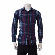 Pria Kotak-kotak Kemeja Slim Breathable Long-Lengan Kemeja Batik Pria Lengan Panjang Casual Fashion Dress Shirt T-shirt Hom Ukuran 2 Warna (Navy) -Intl