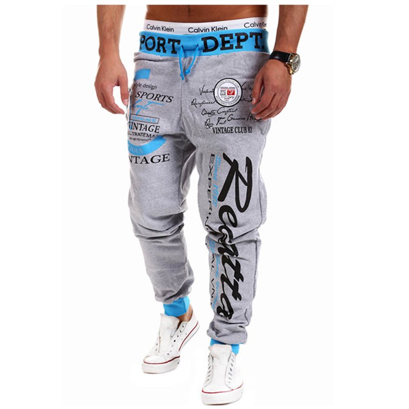 Pria Sweatpants Wei Celana Bermotif Huruf Kasual Celana Jogging Celana (Abu-abu + Danau Biru)