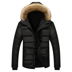 Pria Tebal Hangat Down Cotton Jaket Parka Bulu Musim Dingin Kerah Hooded Coat Outwear Hitam-Intl