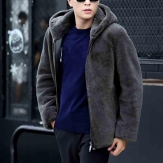 Pria Musim Dingin Faux Mantel Bulu Ritsleting Jaket Hooded Pria Mantel Bulu-Intl