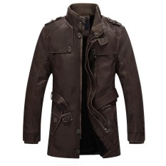 Pria Musim Dingin Tahan Angin Tahan Air Tebal Hangat Velvet Plus PU Kulit Jaket Outdoor Panjang Parka Mantel Coklat-Internasional