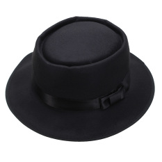 Pria wanita topi wol Fedora bulat yang bisa diremas Vintage pendek si topi laken topi bertepi hitam - Internasional