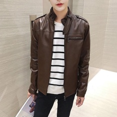 Pria A Korea Stand Kulit Biasa Jaket Outdoor Jaket Kopi-Intl