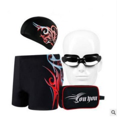 Men's Swim Trunks + Kain Swim Hat Sudut Ukuran Besar Fashion Goggles Dilengkapi dengan Lima Set (Merah) -Intl
