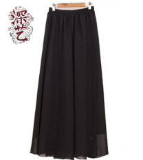 Mendalam Arts retro warna solid gaun rok besar baru rok (Sifon hitam) (Sifon hitam)