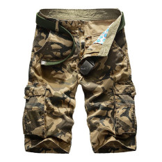 Laki-laki Kamuflase Cotton Loose Fit Multi Pocket Shorts (Khaki)