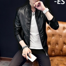Men's Casual Stand Atletik Biasa Jaket Kulit Jaket Hitam-Intl