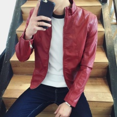 Men's Casual Stand Atletik Biasa Jaket Jaket Kulit Merah-Internasional