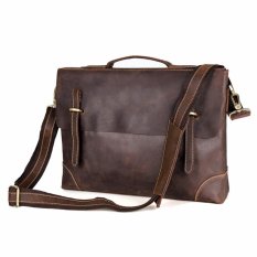 Mens Tas Kulit Asli Messenger Tas Bahu Tunggal 14 Inch Laptop Briefcase Warna Coklat Gelap 7228-Intl