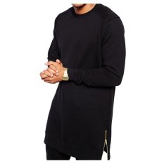 Pria Lengan Panjang Leher Bundar Panjang Pos Lenth Longline Detail Kaos Atasan (Hitam)-Intl