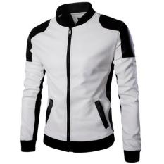 Pria Lengan Panjang Slim Fit Lokomotif Jaket Kulit Pria dengan Ukuran Fashion Mandarin Collar Zipper Leather Coat Outwear Blazer-Putih-Intl