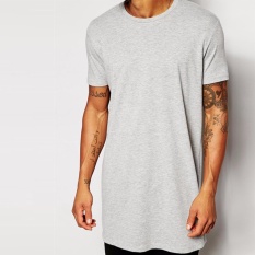 Mens Long T Shirt Pria Tops Hip Hop Tee Kaos Pria Lengan Pendek Longline Kasual Tee Shirts Grey-Intl