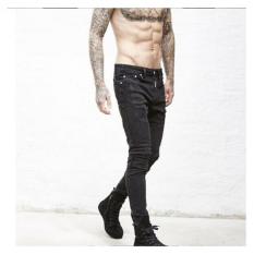 Celana Jeans Pria Robek Pengendara Sepeda Motor Ramping Pas Dicuci Moto Celana Denim-hitam
