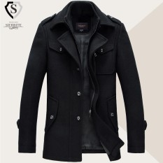 Mens Winter Bisnis Single-breasted Jas Hujan Turn-down Collar Casual Suit Overcoat Hitam-Intl