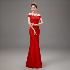 Merah Mempelai Wanita Menikah Baju Pelayanan Gaun Malam (Merah Gaun Pengantin Mermaid Qi)
