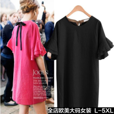 Besar Eropa atau Amerika Baru Baju Lengan Daun Lotus Gaun (Hitam) Baju Wanita