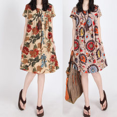 MM Etnis Angin Leher Bulat Dicetak Kain Linen Lengan Pendek Gaun Rok Berbentuk Huruf A (Bunga Matahari) baju wanita dress wanita Gaun wanita
