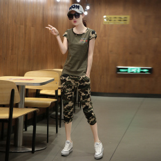 Setelan Wanita Celana Pedal Lengan Pendek Kamuflase Ukuran Besar Versi Korea (Hijau Tentara [Celana 3/4 Set]) (Hijau Tentara [Celana 3/4 Set])