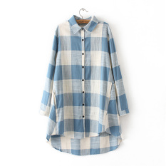 MM Kemeja Kain Linen Perempuan Baju Dalaman Ukuran Besar Kotak-kotak (Putih Biru Kotak-kotak)