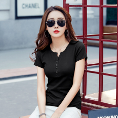 MM Wanita Ramping Lengan Pendek Baju Dalaman Warna Polos Lengan Pendek Kaos (Hitam)