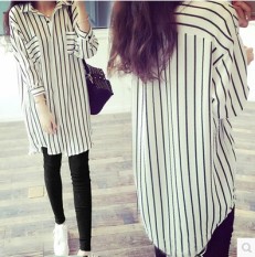 Atasan Sifon Wanita Model Setengah Panjang Garis-Garis Ukuran Besar (Putih) (Putih)