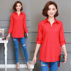 MM Warna Polos Musim Semi atau Musim Gugur Baru Ukuran Besar Blus Wanita Lengan Panjang Atasan (Merah)