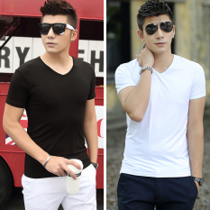 Modal Warna Polos Pria Kerah V Baju Dalaman Musim Panas Lengan Pendek Kaos (A-515 Hitam + 515 Putih)