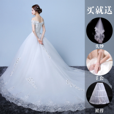 Gaun Pengantin Ekor Panjang Model Sabrina Versi Korea (Berekor Panjang) (Berekor Panjang)