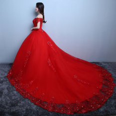 Gaun Pengantin Ekor Panjang Model Sabrina Versi Korea (Berekor Panjang-Merah) (Berekor Panjang-Merah)