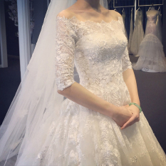 Gaun Pengantin Wanita Gaya Eropa Amerika (Bahu Sabrina Model Qi) (Bahu Sabrina Model Qi)