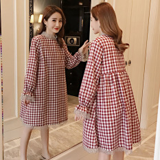 Model Trendi Baru Kotak-kotak Longgar Atasan Baju Hamil Gaun (Merah)