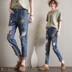 Modis Bordir Celana Harem Perempuan Celana Jeans Sobek (Biru)