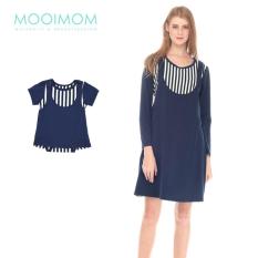 MOOIMOM Straight Stripe Long Sleeves Nursing Sling Dress Couple Set Baju Hamil Menyusui Couple Ibu Anak - Navy Girl