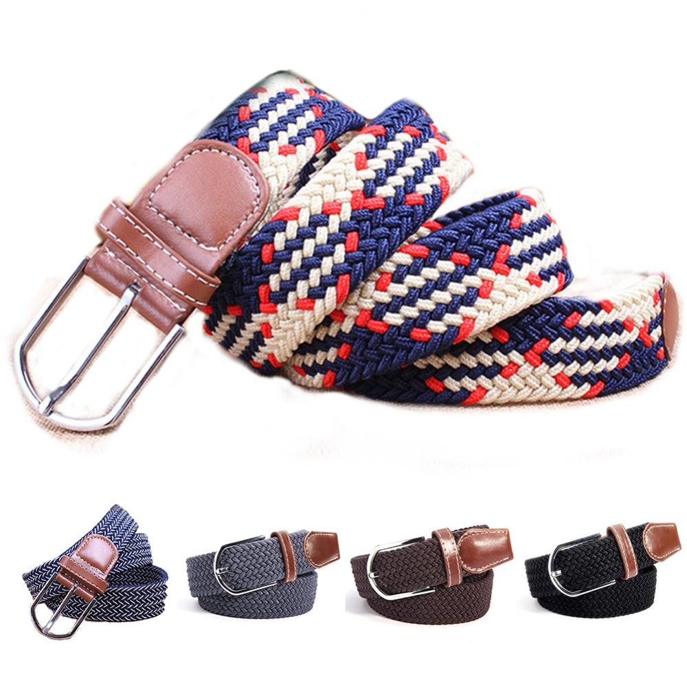 Moonar Kanvas Anyaman Polos Metal Buckle Woven Stretch Sabuk Pinggang (biru & Merah)-Intl