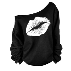 Moonar Fashion untuk Wanita, China Motif Bibir Seksi Bahu Miring Pola Blus Lengan Panjang T-Shirt S-XL (warna Hitam & PUTIH)