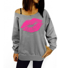 Moonar Fashion untuk Wanita, China Motif Bibir Seksi Bahu Miring Pola Blus Lengan Panjang T-Shirt S-XL (Abu-Abu & Berwarna Merah Muda)