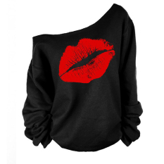 Moonar Fashion untuk Wanita, China Motif Merah Motif Bibir Seksi Bahu Miring Pola Blus Lengan Panjang T-Shirt S-XL (warna Hitam & Merah)