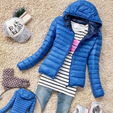 Moonar Fashion Wanita Ritsleting Musim Dingin Jaket Hangat Berkerudung Lengan Panjang Ramping Mantel Bulu Angsa (Biru)-Intl