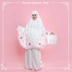 MUKENA TELEKUNG RUKUH DEWASA KATUN ROSELA PUTIH BORDIR SULAM PINK