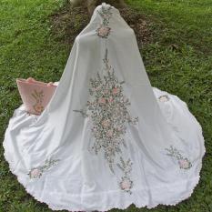 Mukena Telekung Rukuh Semi Sutra Velvet Shahnaz Putih Bordir Peach