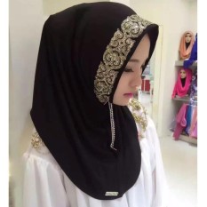 Muse Bertali Belakang Wanita Katun Emas Manik-manik Berlian Mulia Muslimwear Jilbab (Hitam) Baiguan WT11278-Internasional