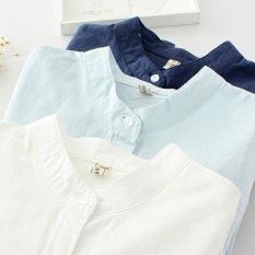 Korea Fashion Style Kain Linen Warna Solid Slim Lengan Panjang Kemeja Putih (Biru tua) baju wanita baju atasan kemeja wanita