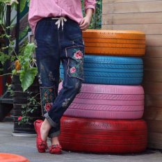 Musim Gugur Model Baru Ukuran Besar Celana Jeans Bordir Mawar Retro MIMZF Vintage Patch Berlubang Highwaist Celana Panjang Wanita