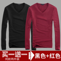 Musim Gugur atau Musim Dingin Korea Modis Gaya Warna Polos Ukuran Besar Leher-v Kaus Baju Dalaman (Leher-v Hitam + leher-v Berwarna Merah Keunguan)